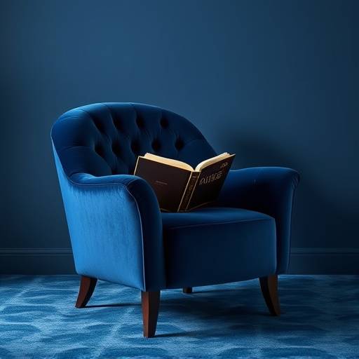 A best-selling luxurious reading chair in dark blue velvet.