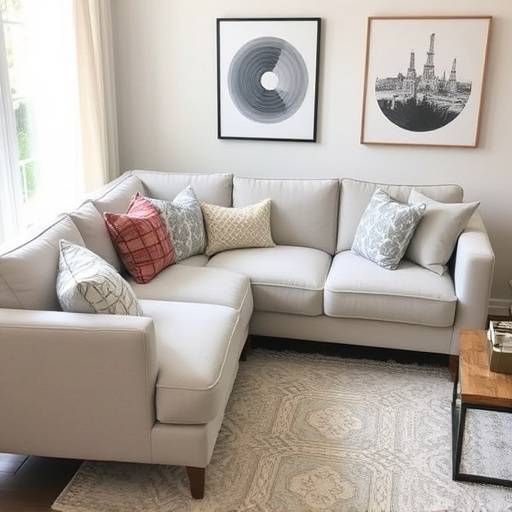 A customer favorite light grey sectional sofa with throw pillows