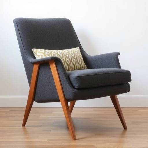 Modern armchair with wooden legs and a patterned cushion